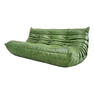French Three-Seater Togo Sofa in Forest Green Leather by Michel Ducaroy for Ligne Roset For Sale