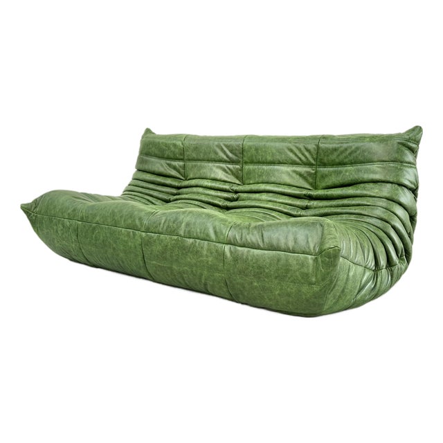 French Three-Seater Togo Sofa in Forest Green Leather by Michel Ducaroy for Ligne Roset For Sale