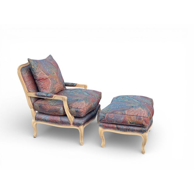 Custom Upholstered Paisley French Country Bergere Chair and Ottoman by Beverley Interiors "Stewart Collection" For Sale - Image 4 of 13