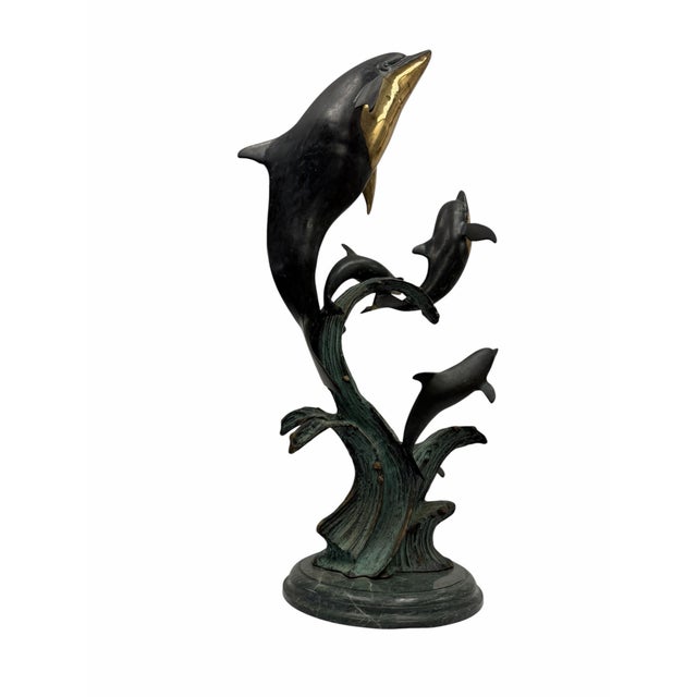 Metal Vintage Spi Brass Dolphin Pod Family Sculpture on Marble Base For Sale - Image 7 of 8