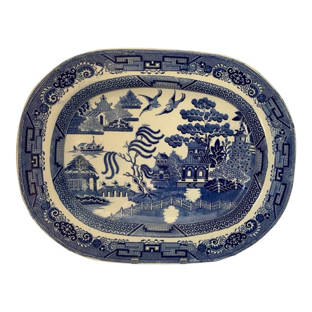 Antique Massive 19.5" Blue Willow Turkey Platter Unmarked Staffordshire English Transferware Flawless England 1830–1860 For Sale