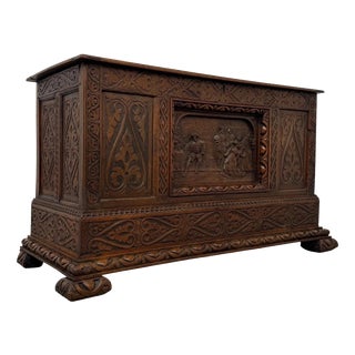 18th Century Georgian English Carved Oak Coffer For Sale