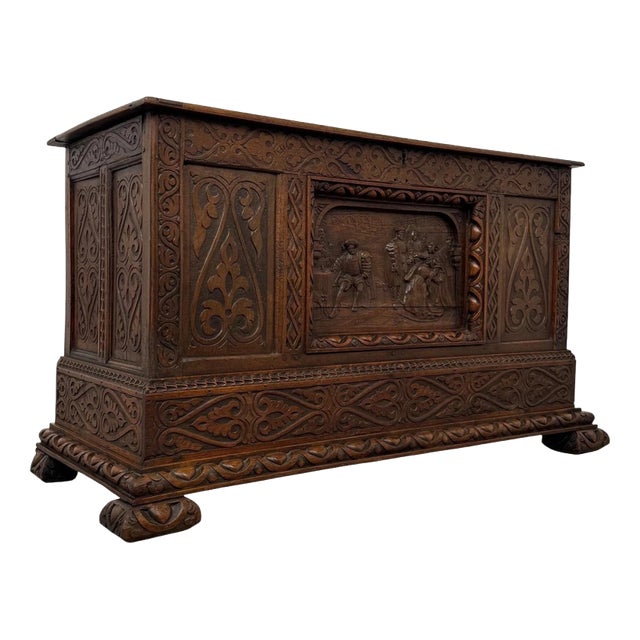18th Century Georgian English Carved Oak Coffer For Sale