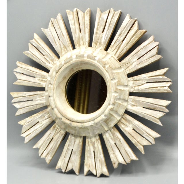 Organic White-Washed Carved Wood Sunburst Mirror For Sale - Image 9 of 11