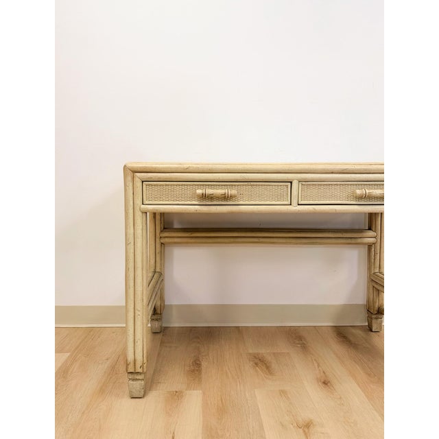 Wood Vintage Ficks Reed Style Faux Bamboo Petite Desk With Drawers Wicker Coastal MCM For Sale - Image 7 of 13