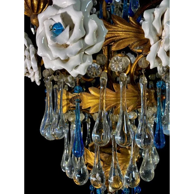 Chandelier with White Roses and Blue Drops, Murano, 1950s For Sale - Image 9 of 18