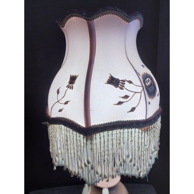 Early 20th Century Vintage Victorian Regency Style Floral Lamp Dusty Rose Pink Fringed Beaded Shade For Sale - Image 5 of 12
