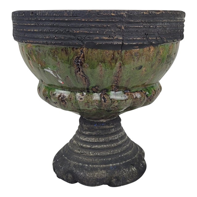 Late 20th Century Rustic Green Glazed Stoneware Pedestal Bowl Urn Footed Artisan Pottery For Sale