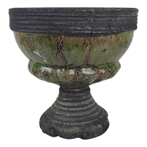 Late 20th Century Rustic Green Glazed Stoneware Pedestal Bowl Urn Footed Artisan Pottery