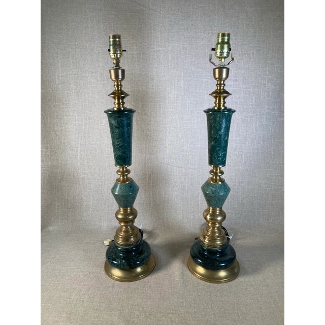 Dark Green Mid Century Green Marble & Brass Lamps - a Pair For Sale - Image 8 of 8