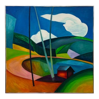 1978 Colorful Cubic Abstract Landscape Oil Painting on Canvas For Sale