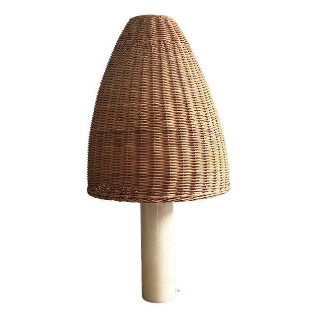 Vintage Cream Alabaster Table Lamp with Wicker Shade, 1960s For Sale