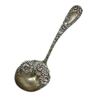 Fancy Antique Art Nouveau Sterling Silver Enamel Decorated Chrysanthemum Flowers Sauce Ladle For Sale