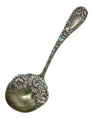 Fancy Antique Art Nouveau Sterling Silver Enamel Decorated Chrysanthemum Flowers Sauce Ladle