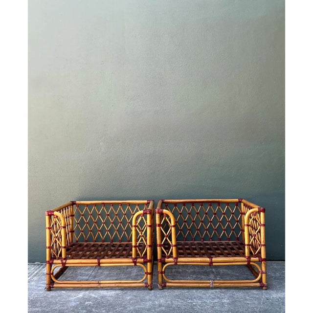 Wood Vintage Wrapped Rattan Lounge Chairs - A Pair For Sale - Image 7 of 12