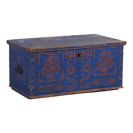 Antique Folk Art Blue Wooden Trunk For Sale