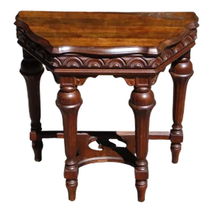 Vintage Jacobean Spanish Revival Style Solid Walnut Entry Table Demilune Table