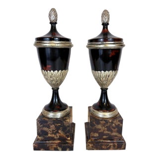 Maitland Smith Neoclassical Style Faux Tortoise Shell Urns Pair For Sale