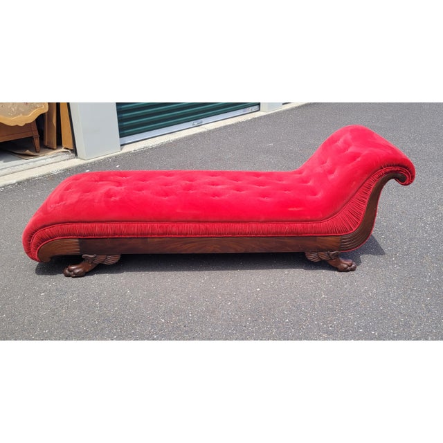 Antique 19th Century Art Deco Style Red Velvet Chaise Lounge Sofa For Sale - Image 11 of 17