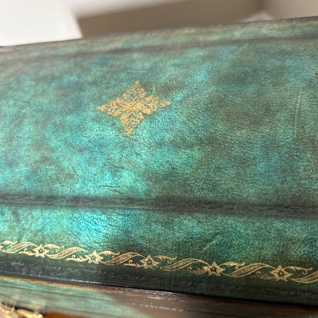 1970s Vintage Italian Style Green Leather Domed Trunk Box Gold Gilt Tooling Claw Feet For Sale - Image 5 of 7