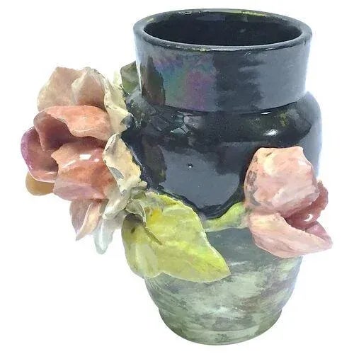 French Antique Floral French Barbotine Majolica Vase For Sale - Image 3 of 8