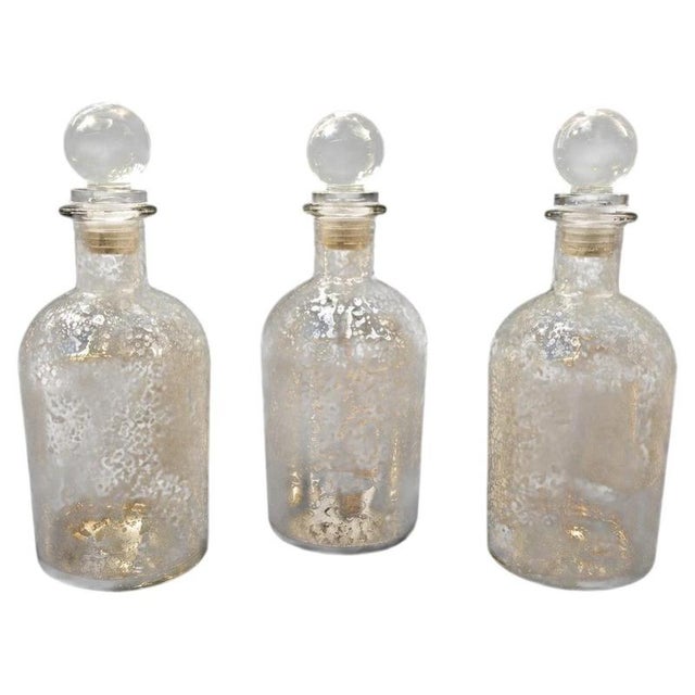 Glass Vintage Mercury Glass Apothecary Bottles with Original Stoppers, Set of 3 For Sale - Image 7 of 7
