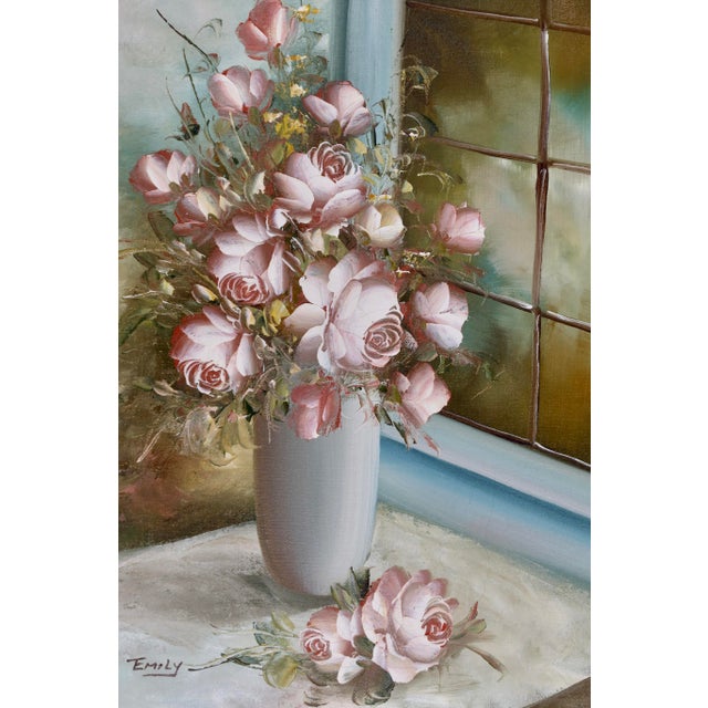 A lush and romantic floral still life depicting a generous bouquet of pink roses in a white vase set against a mullioned...