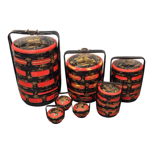 Chinoiserie Lacquered Wedding Basket Carriers, Set of Seven For Sale