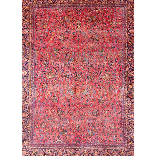 Persian Antique Persian All-Over Kashan Rug With Leaf and Bird Pattern in Red & Blue For Sale - Image 3 of 13