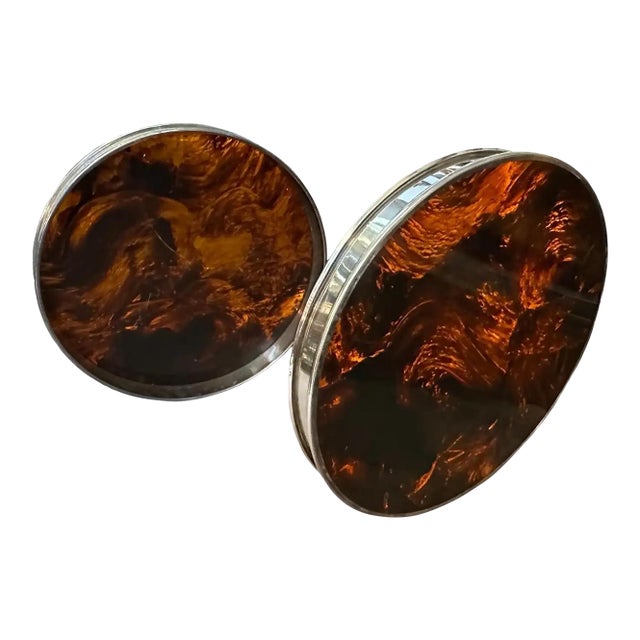 1970s Set of Two Faux Tortoiseshell Lucite and Silver Plated Metal Barware Trays For Sale