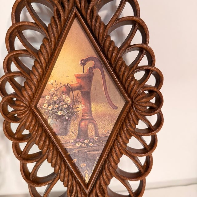 Vintage pair of Burwood Products Co. wall plaques dated 1975 (MCMLXXV). These diamond-shaped hangings feature a rustic...