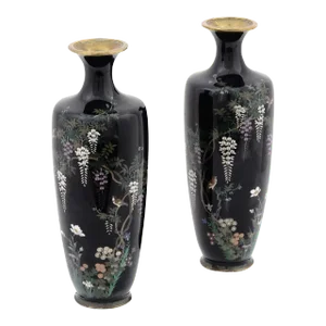 Late 19th Century Pair of Meiji Japanese Era Black Cloisonne Enamel Wisteria and Bird Vases