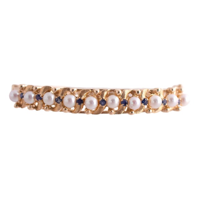 Cultured Pearl and Sapphire Bangle Bracelet For Sale