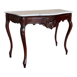 French Regency Carved Walnut Console Table With White Marble Top For Sale