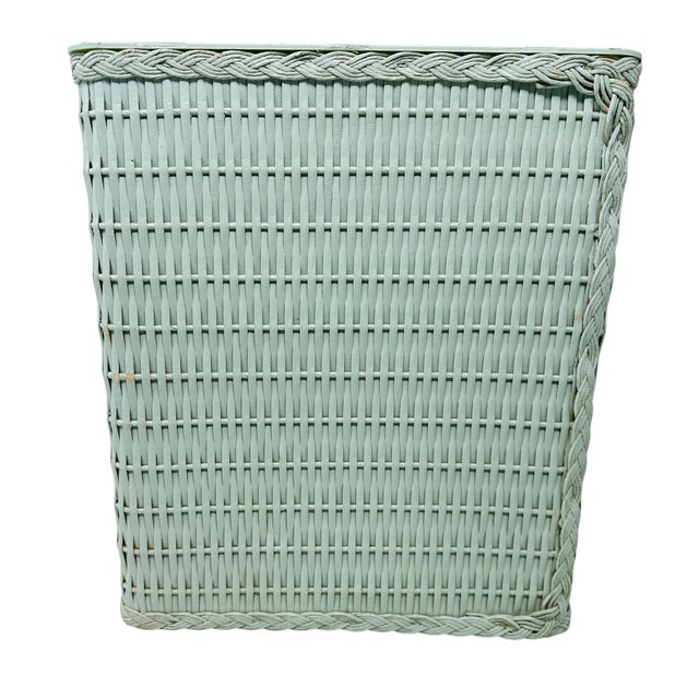 1970s Mid-Century Sage Green Wicker Wastebasket With Triple Braided Trim For Sale - Image 5 of 11