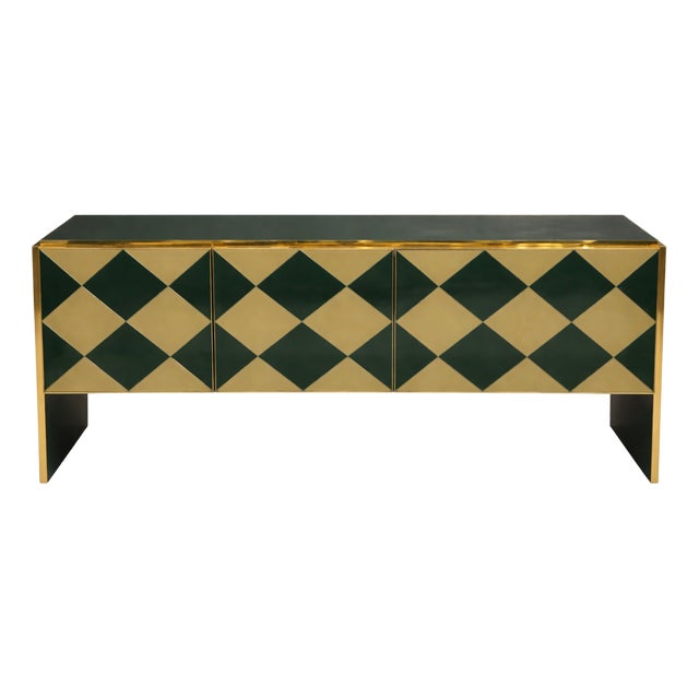 Murano Glass Sideboard with Diamond Pattern and Gilded Brass Edges, 1980s For Sale