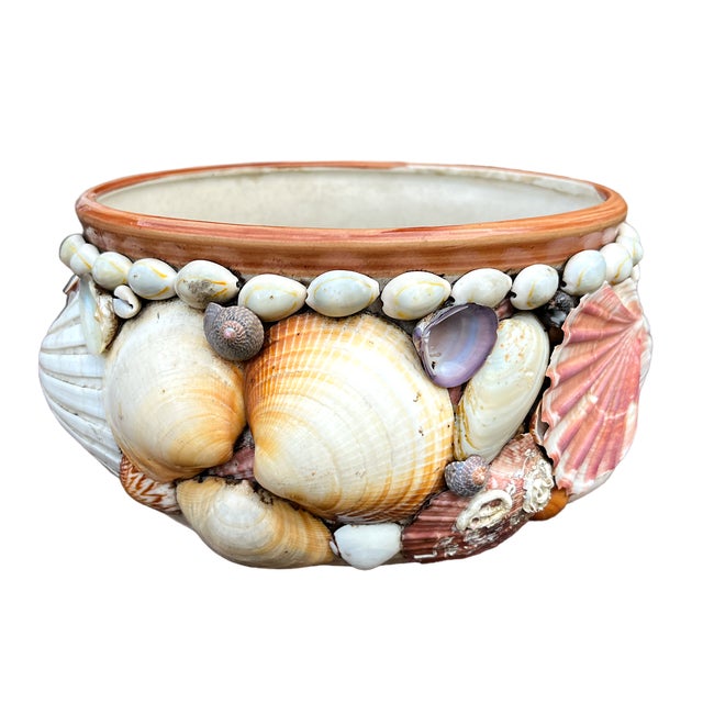 Vintage handmade ceramic bowl encrusted with natural seashells including puka, cowrie, scallops, sundials, and clam...