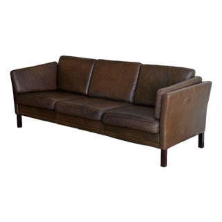 Vintage Danish Brown Leather Sofa in Style of Stouby | Mid-Century Modern 3-Seat Couch For Sale