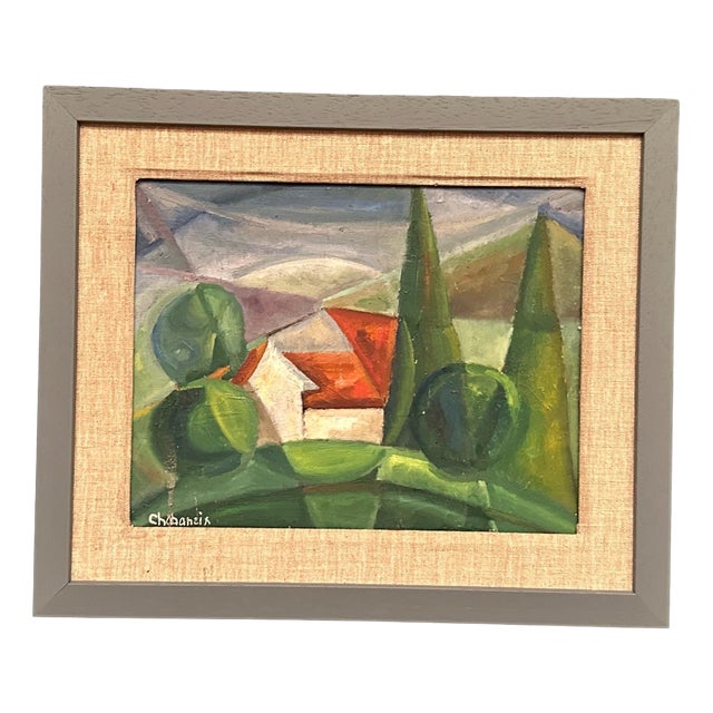 Chabaneix, Cubist Landscape, 1970s, Oil on Panel, Framed For Sale