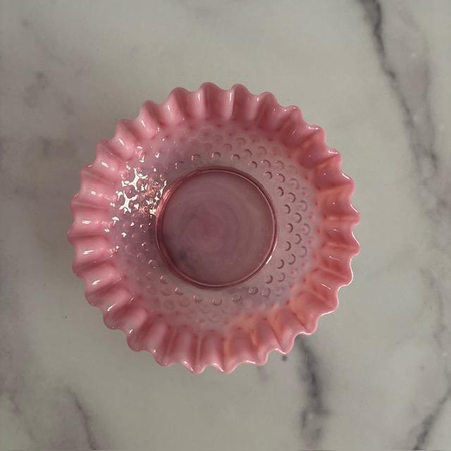 Pretty and petite hobnail glass bonbon dish or small bowl. Made by Fenton mid-20th century. Pink and white with...