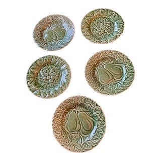 Vintage Bordallo Pinheiro Green Majolica Fruit Design Dessert Plates - Set of 5 For Sale