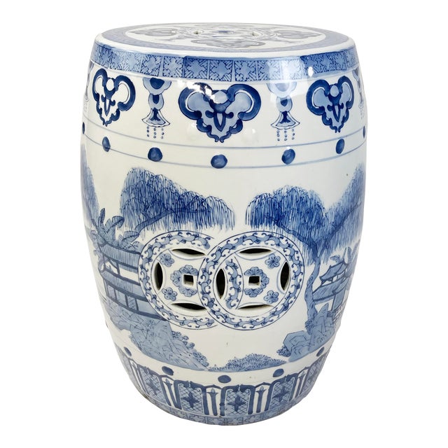 Vintage Chinoiserie Blue and White Ceramic Garden Stool | Chairish