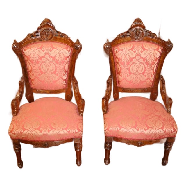 Pair of Jelliff Victorian 19th Century Walnut Carved Damask Fabric Side Chairs For Sale