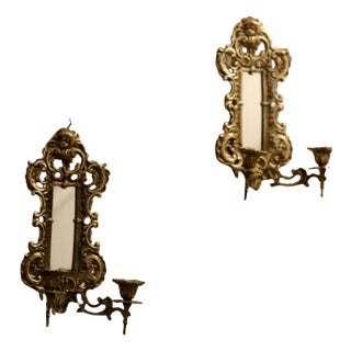 Antique Brass Sconces with Mirrors, 1880, Set of 2 For Sale