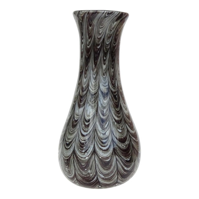 Vintage Barovier Toso Murano Neolitico 1954 Gray Black Pulled Feather Design Italian Art Glass Flower Vase For Sale