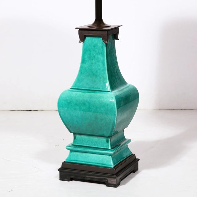 Mid-Century Modernist Ceramic Turquoise Jade Table Lamps W/ Bronze Fittings For Sale - Image 9 of 11