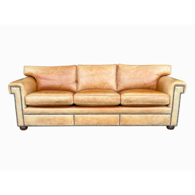 Vintage English Leather Sofa Tan Color Nail Head Trim Feather Down Cushions For Sale - Image 17 of 18
