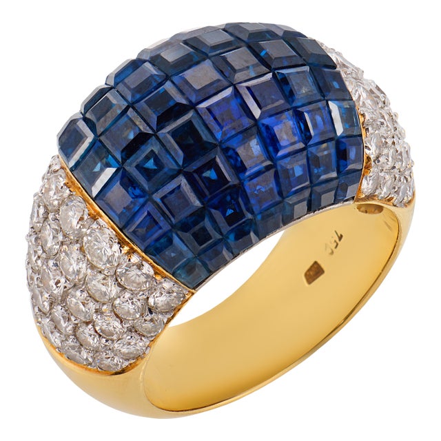 French Vintage 5.00 Carat Invisibly Set Sapphire Diamond 18k Yellow Gold Band, Size 7 For Sale
