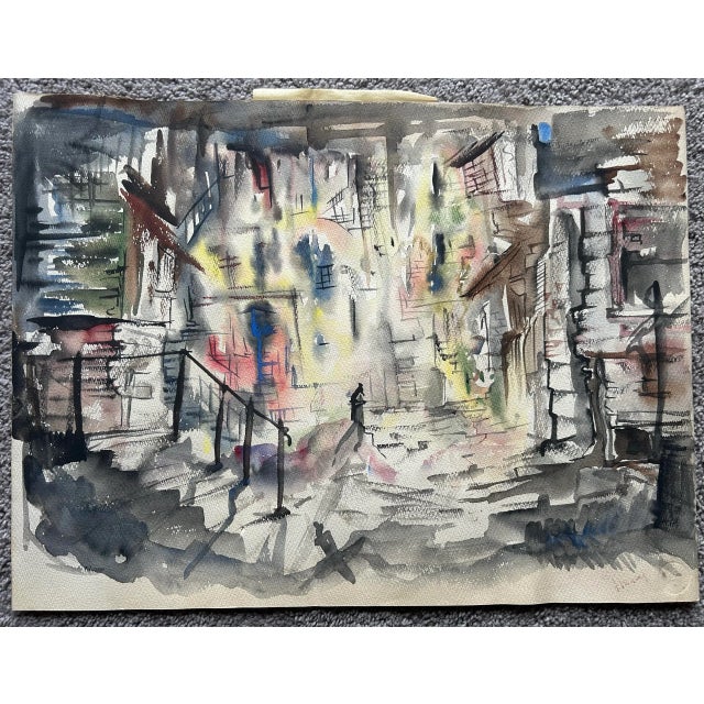 Abstract Vintage 1960’s Framed Original Abstract Watercolor of a Street Scene For Sale - Image 3 of 8