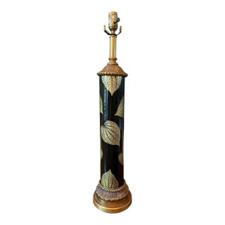 Theodore Alexander Black Lacquer and Gilt Leaf Column Table Lamp For Sale
